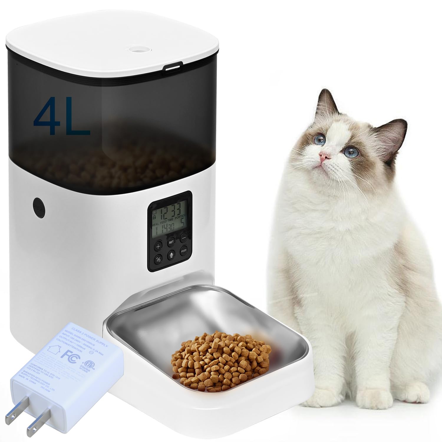 Automatic Cat Feeder, 4L Cat Food Dispenser with 10s Voice Recorder, Pet Dispenser up to 8 Meals per Day, Timed Feeder with Dry Food Sealed Ring