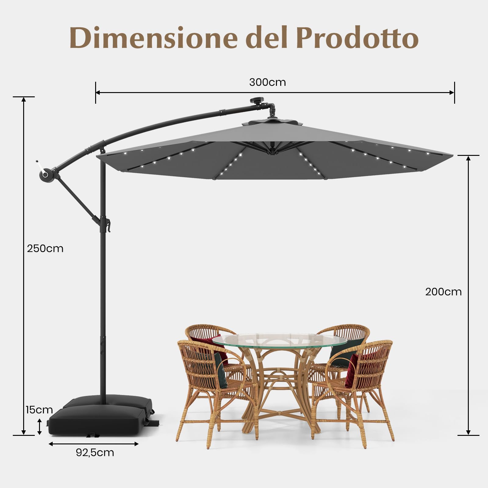 RELAX4LIFE Ombrellone da Giardino 3x3M con Luci a LED, Ombrellone da Balcone con Base a Croce e 2 Sacchi di Sabbia, Protezione Solare, per Giardino Terrazzo e Patio (Caffè-Luci+Base, 3x3m