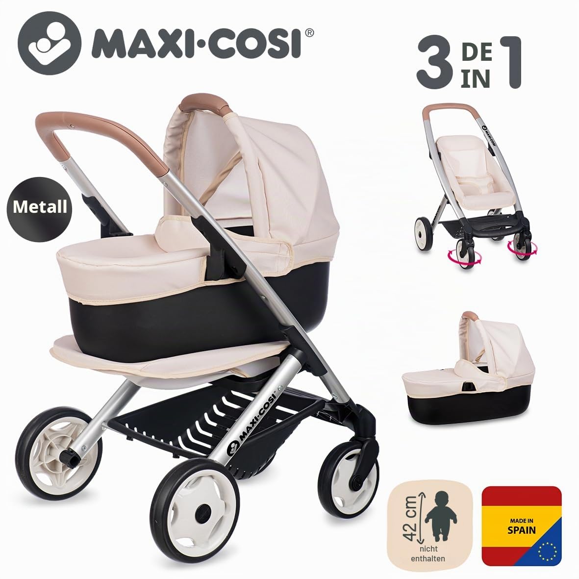Smoby - Maxi-Cosi 3-in-1 Puppenwagen, Tragekorb + Buggy - für Puppen bis 42 cm (Nicht enthalten) - frei drehbare Vorderräder, Stauraumkorb - ab 3 Jahren - Stabiler Metallrahmen, produziert in Spanien