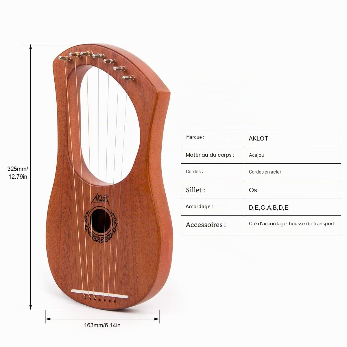 Aklot Lyre Harpe 7 cordes en acajou avec clé de réglage et sac de transport noir