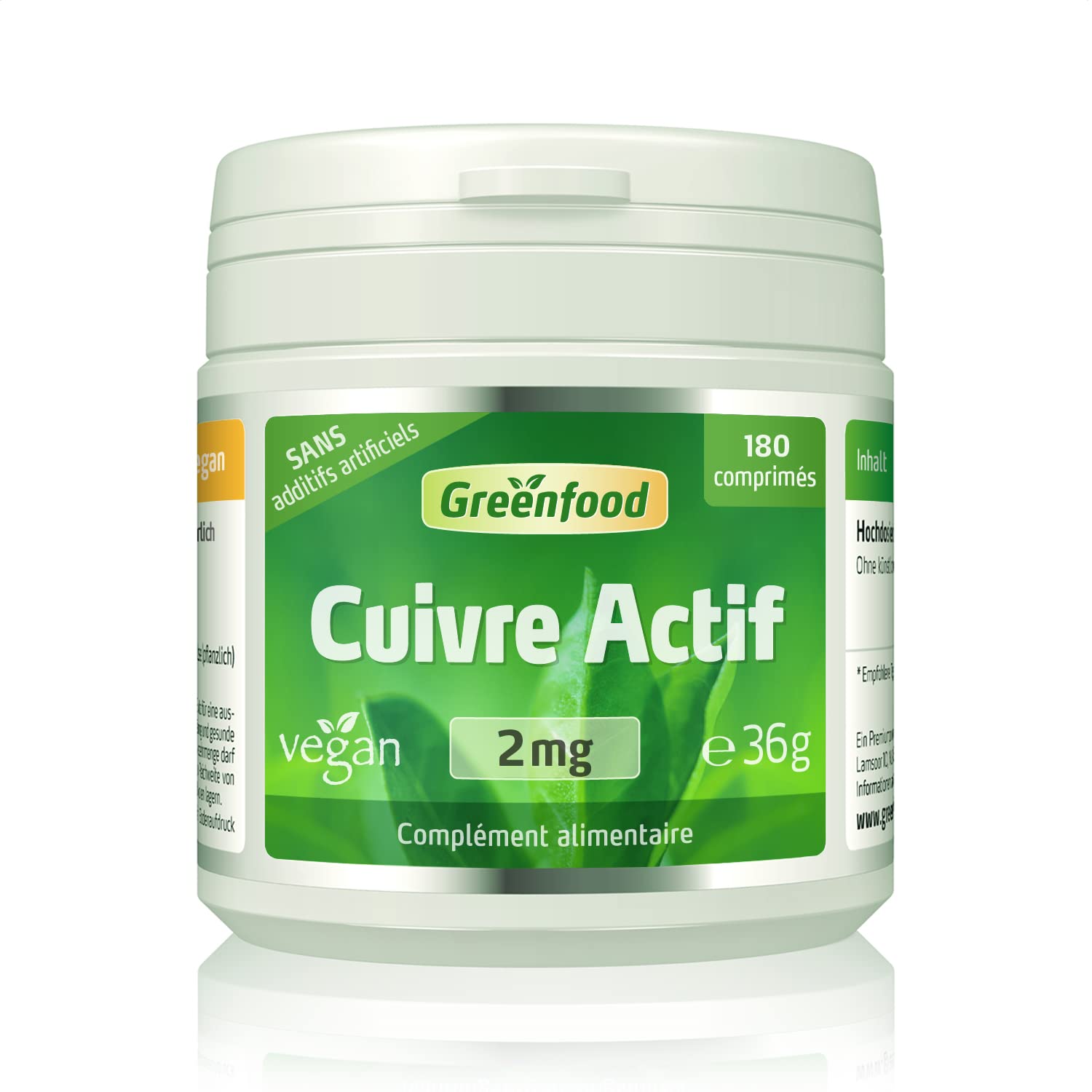 Greenfood Cuivre actif, 2 mg, dose élevée, comprimés, vegan - SANS additifs artificiels. Sans organisme génétiquement modifié.
