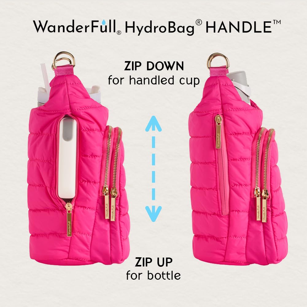 WanderFull Original HydroBag Reißverschlussschlitz für Griff, 1,2 l Wasserflaschenhalter mit Gurt, Crossbody-Wasserflaschen-Tragetasche mit Handytasche, Trinkglas-Zubehör, rosa und cremefarbener Gurt