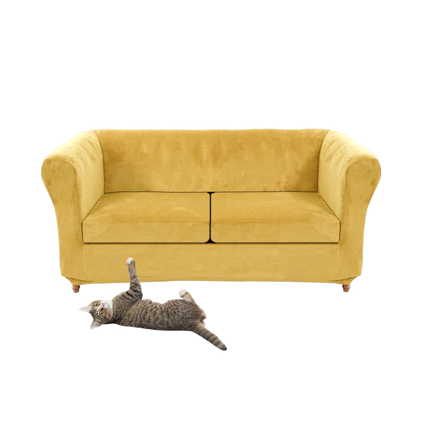 Stretch Velvet Chesterfield Sofa Cover Couch Cover with Seat Cushion Covers for Curved Chaise Armchairs Vintage Style (Lemon Love + 2 Large Seats) — image 1