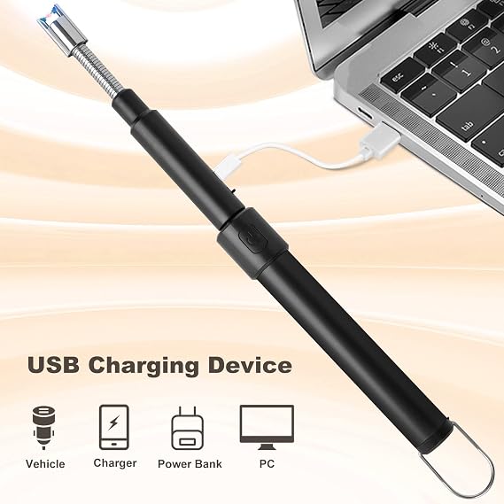 Candle Arc Lighters Long Flexible Neck 70cm Rechargeable Telescopic Electric Flameless Lighter for Kitchen Fireplace Pilot Light BBQ Stove (Black)