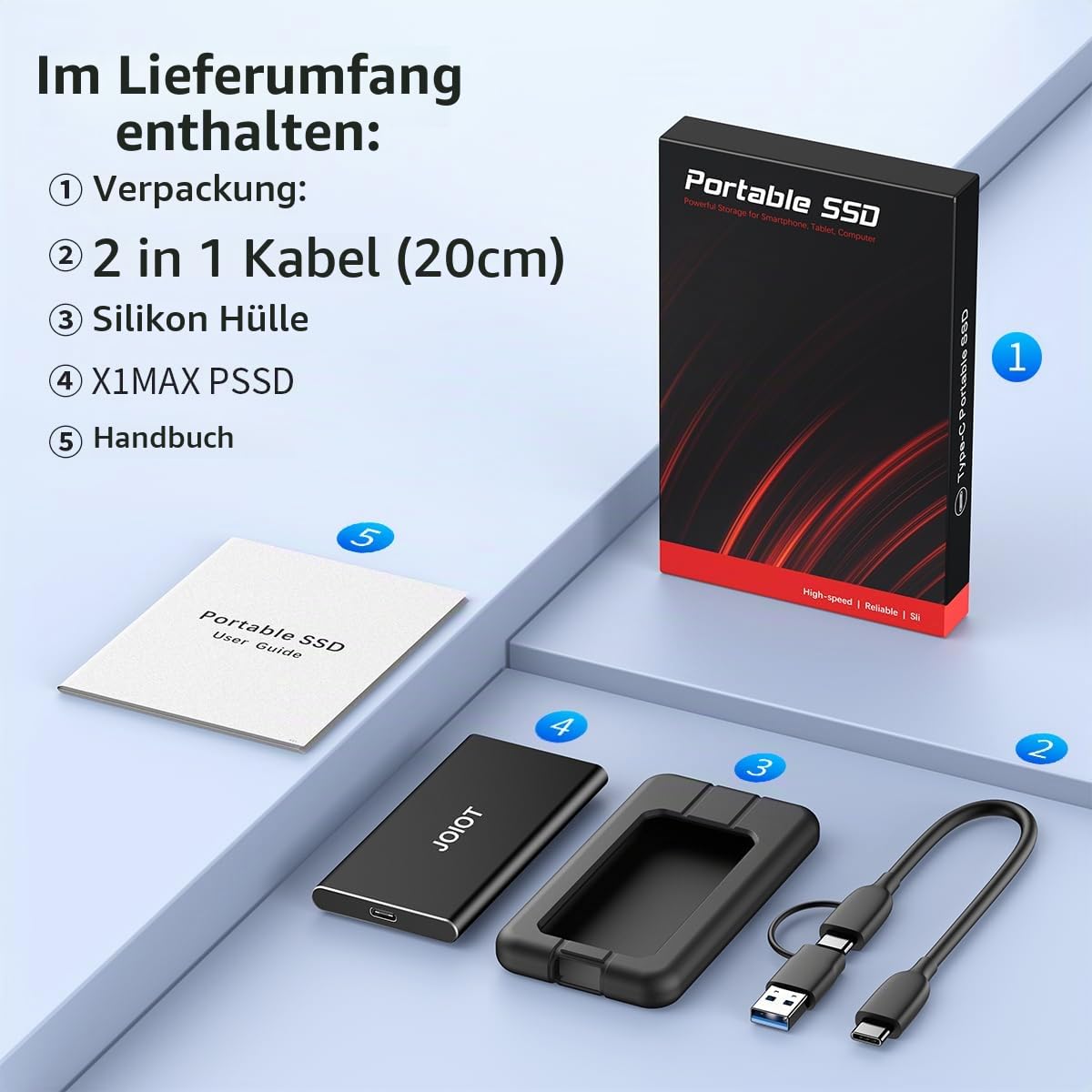 JOIOT Externe SSD 1TB Portable Festplatte USB-C 3.2 Gen 2x2 mit 2000 MB/s Lesen und 1700 MB/s Schreiben Tragbares SSD 1TB mit Schutzhülle für Mac PC Smartphone Laptop Schwarz