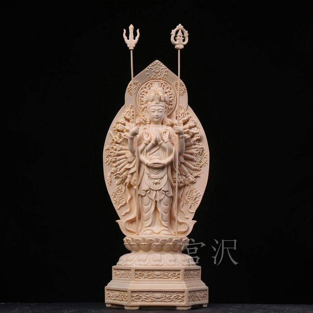 Amazon｜仏教美術品 供養品 千手觀音菩薩 高さ31cm 災難除去 木彫仏像 