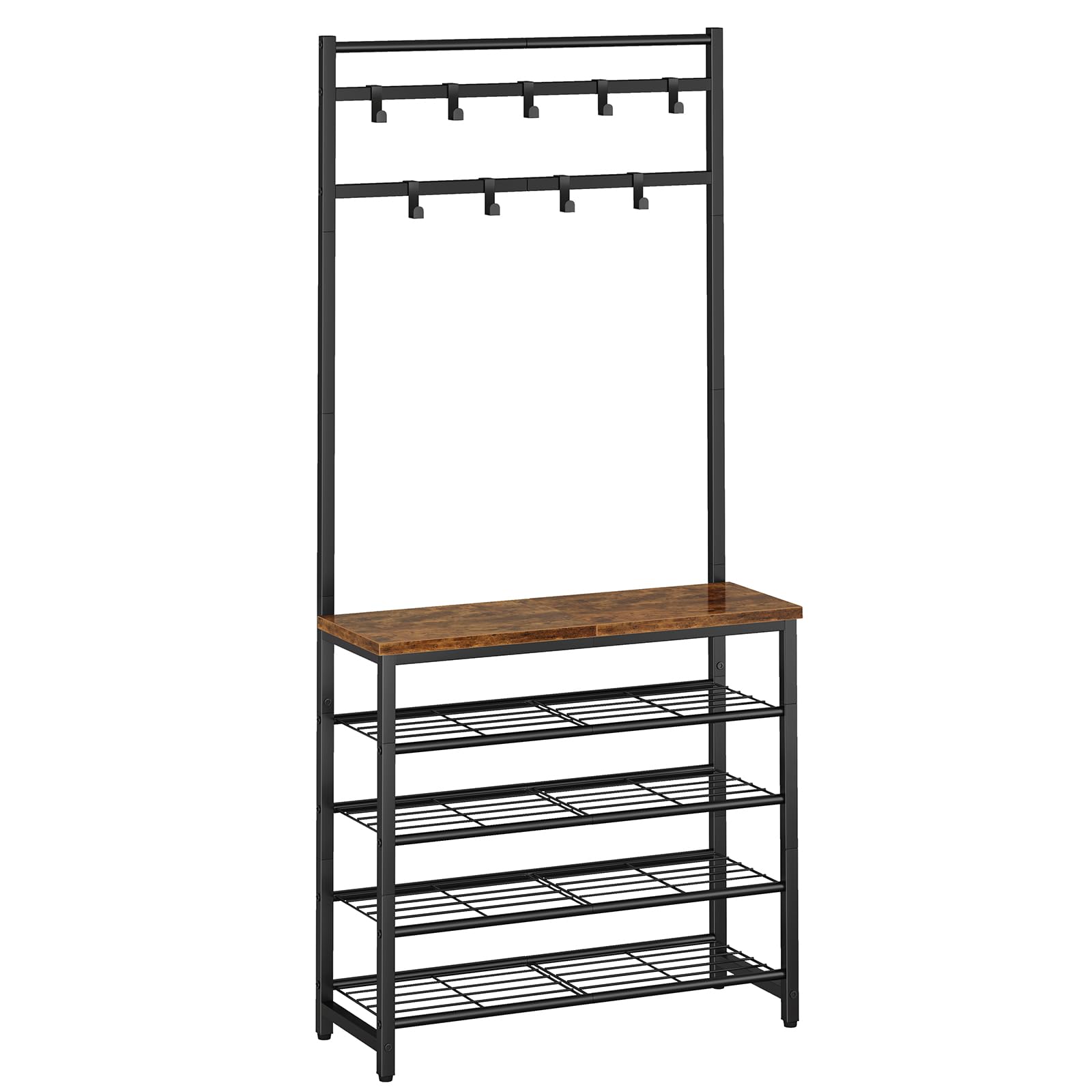 IBUYKE 188cm de Perchero con Zapatero, 5 Niveles de Estantes para Zapatos con 9 Ganchos Ajustables, Perchero con Banco para Entrada Pasillo Dormitorio, Marrón Rústico y Negro TXJ007H