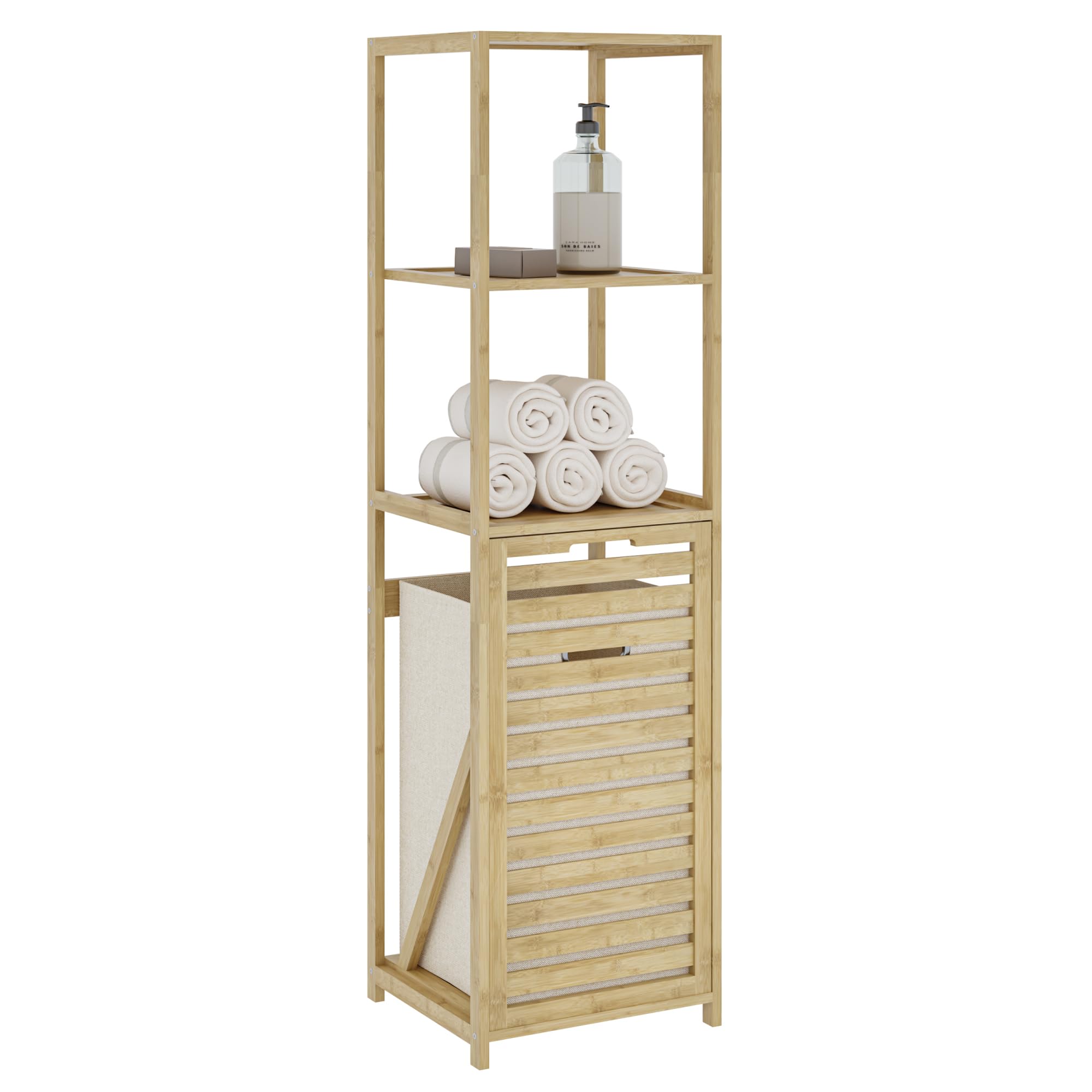 [en.casa] Mueble de Baño Anun Estantería con Cesto para Ropa Sucio Mueble Auxiliar Armario Midi para Cuarto de Baño Dormitorio Bambú 130 x 36 x 33 cm - Natural/Beige