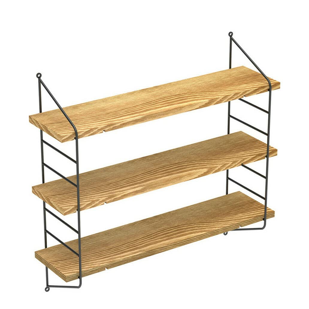 KF-Premium 3 Tier Wall-Mounted Industrial Metal Shelf Modern Wood Floating Display Rack Hanging Storage Shelves Home Living Room Office Decoration 23-Inch Torched Adjustable Wall Mounted