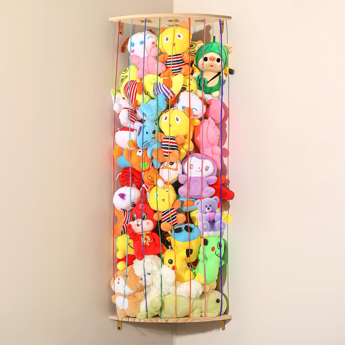 SNOWIE SOFT® Wall Corner Organizer Stuffed Toy Display Organizer, Elastic Rope Vertical Storage Pillar with Wooden Bottom & Roof, 44''-77'' Adjustable Height, Toy Storage Rack for Children's Room