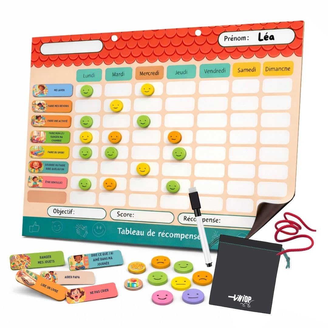 Tableau de Récompense Magnétique pour Enfants – Planificateur Hebdomadaire et Quotidien avec Aimants Illustrés et Smiley –Organisation, Autonomie, Comportements Positifs –Fixation Frigo ou Mur