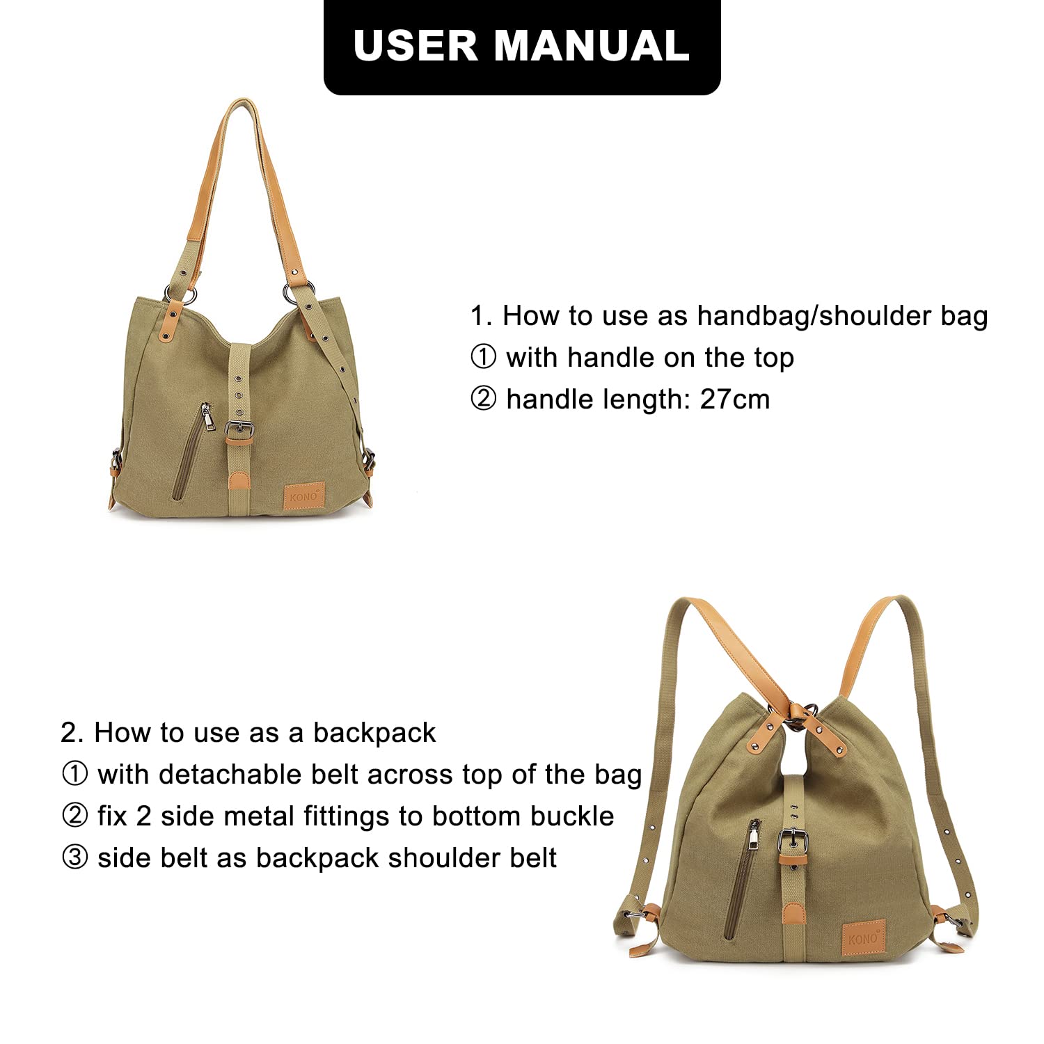 Kono Mochila de Bandolera, Bolso de Lona Versátil y Multifuncional, Elegantes Bolsos Cruzados, Gran Capacidad Mochila Duradera para Viajes de Gran Capacidad para Mujeres Niñas(Khaki)