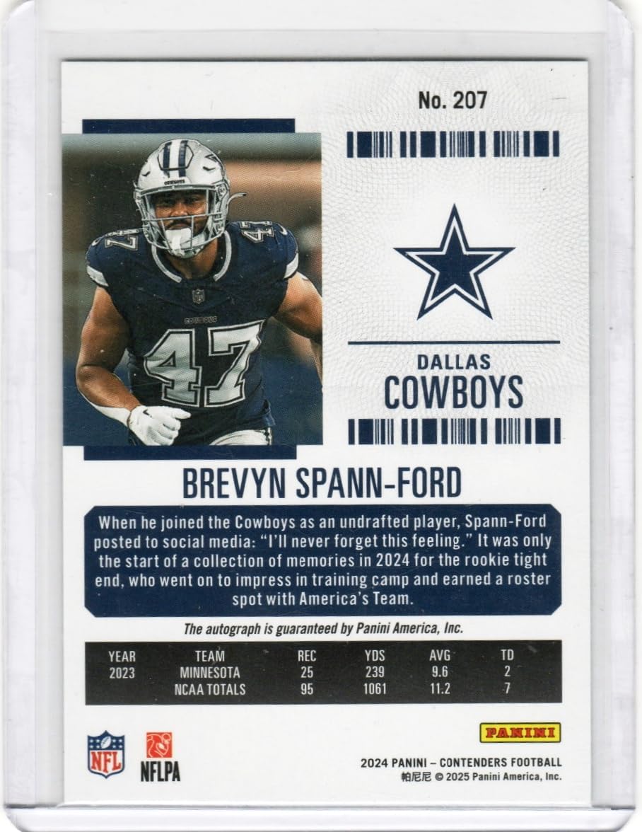 Brevyn Spann Ford Autographed Rookie Ticket Special Insert Rookie Card Auto Collectible Football Card - 2024 Contenders Football Card #207 (Cowboys)