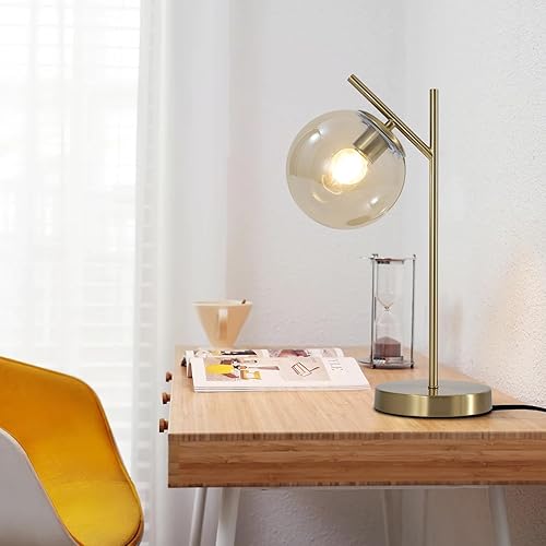 Miniatura 7 de Lámpara de mesa moderna de mediados de siglo, lámpara de mesa de noche con globo dorado con pantalla de vidrio coñac, lámpara de escritorio de latón