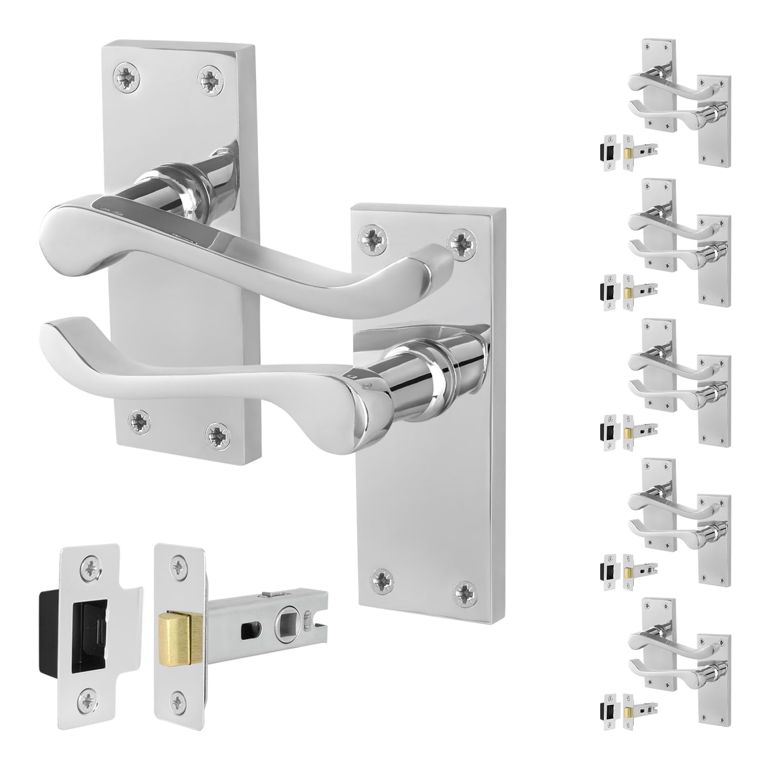 EAI Chrome Victorian Scroll Latch Handle Set, 6 Pairs Polished Chrome Internal Lever Door Handles on Backplate and Latch 64mm
