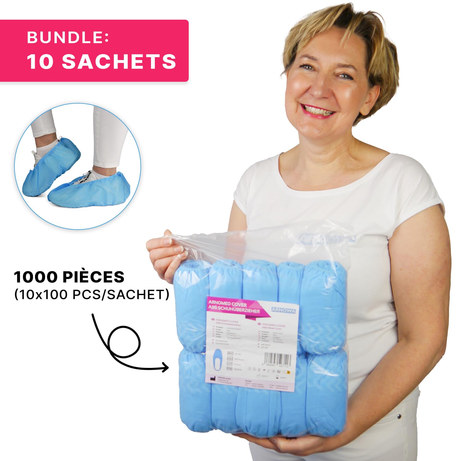 1000 ARNOMED PP couvre-chaussures jetables, couvre-chaussures bleus avec semelle antidérapante, couvre-chaussures antidérapant, couvre-chaussures jusqu'à la taille 47, dimensions : 17x40cm