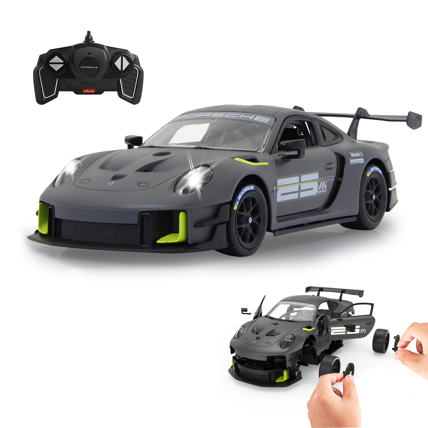 JAMARA Porsche 911 GT2 RS Clubsport 25 1:18 szary 2,4 GHz zestaw do montażu – oficjalnie licencjonowany, szczegółowe wnętrze, wierne lakierowanie, przezroczysta szyba przednia, światło LED, zestaw RC