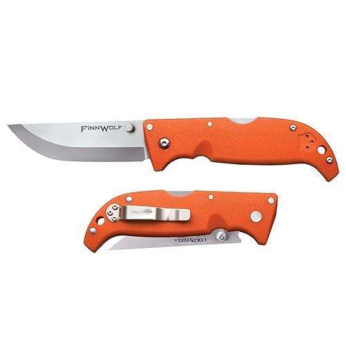 Miniatura 3 de Cold Steel Finn Wolf 3.5in AUS8A Hoja de cuchillo de hoja recta afilada 4.375in Mango naranja Griv-Ex Blaze para caza, cuchillo plegable, paquete