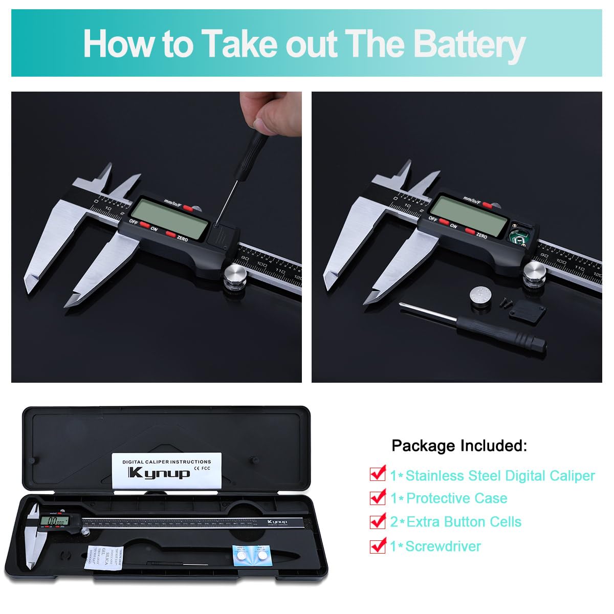 Kynup Calibre digital, 300 mm/12 pulgadas, herramienta de medición de acero inoxidable, calibrador electrónico, conversión de pulgadas/métricas/fracciones, diseño de apagado automático