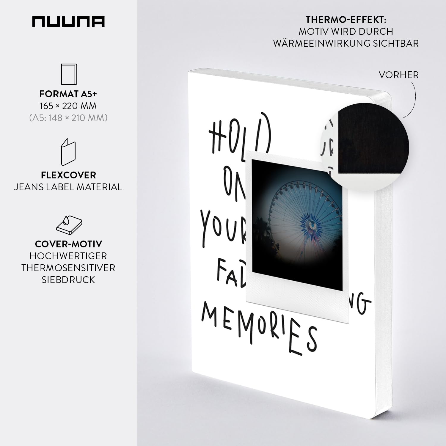 nuuna Taccuino A5+ | Graphic Thermo L – Fading Memories | 3,5 mm | 256 pagine numerate | carta premium da 120 g | jeansLabel bianco | prodotto in Germania in modo sostenibile
