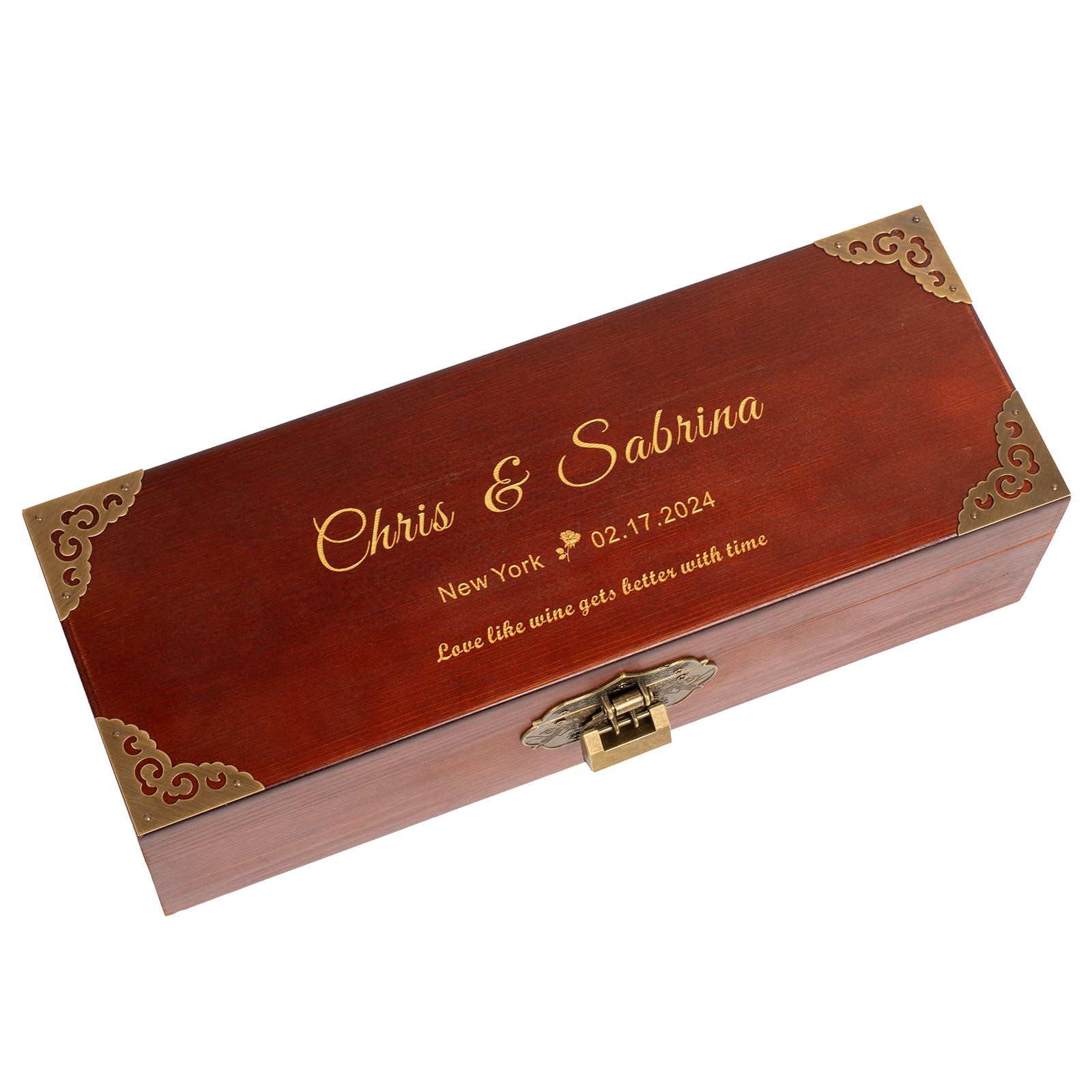 ERUOAEY Personalized Wood Wine Box, Custom Engraved Wine Gift Box, for Wedding, Anniversary, Engagement, Wine Box Ceremony, Bridal Shower