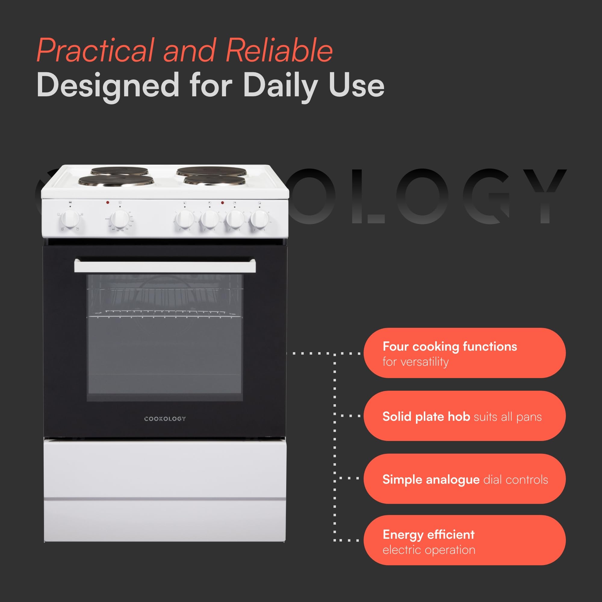 Cookology CFSP600WH 60cm Wide, 62 Litre Capacity Freestanding Electric Single Cooker with Solid Plate Top 4 Cooking Zone Hob and Analogue Dials – in White — view 6