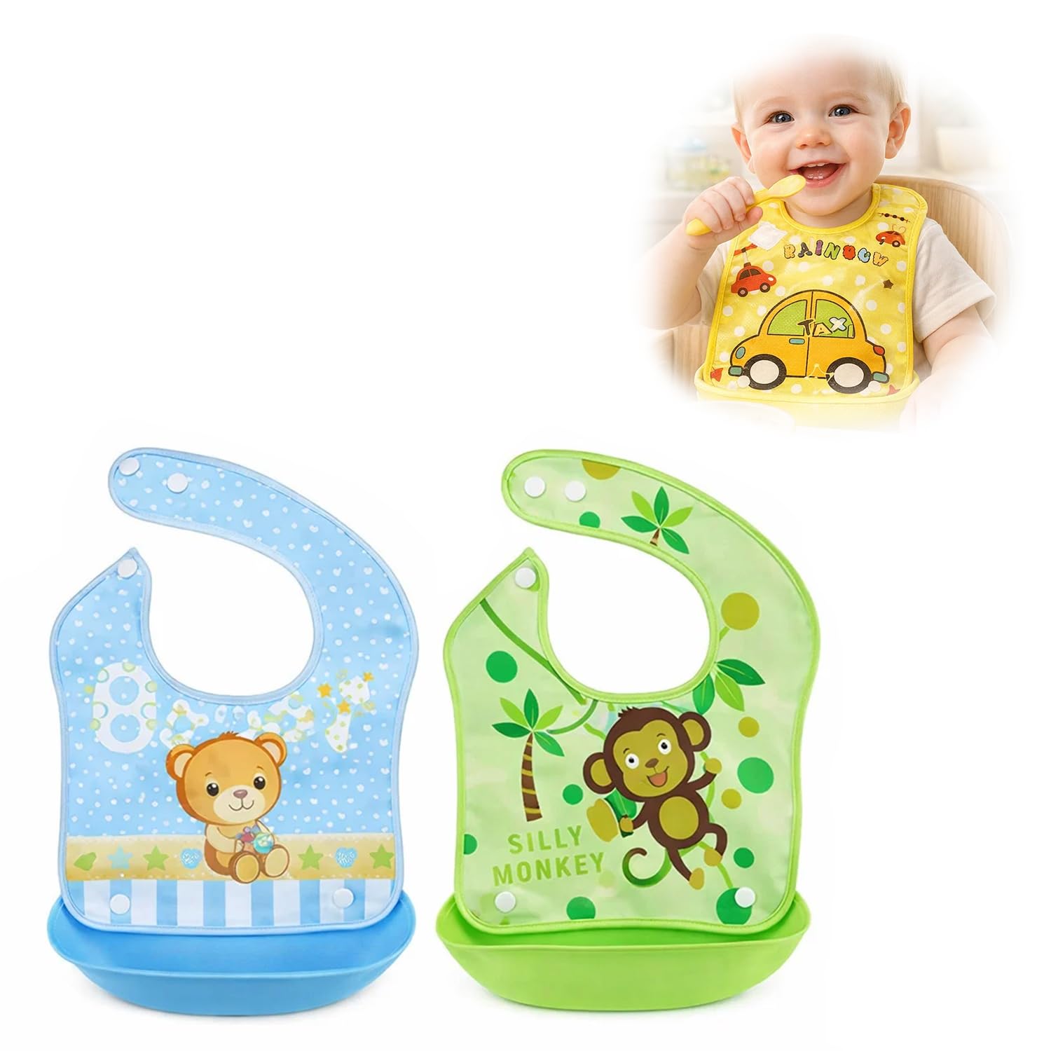 BabyGo Silicone Baby Detachable Waterproof Apron Bibs (Set of 2) Random Color-image-31