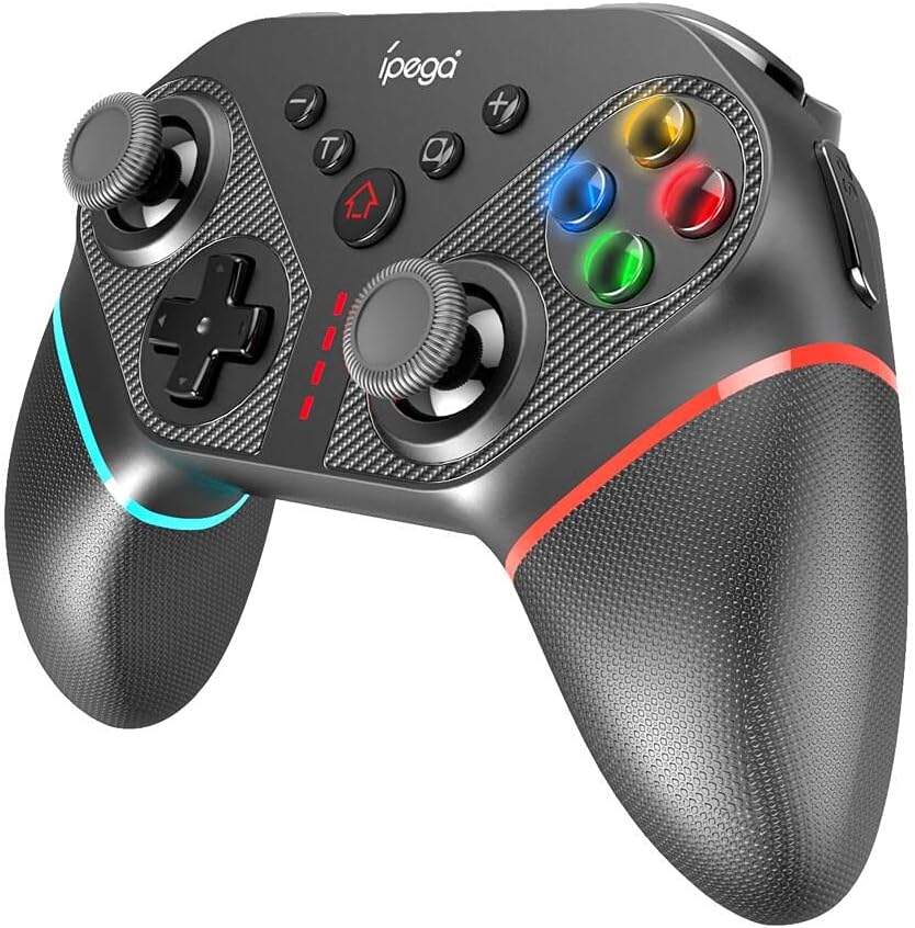Davanti view del controller di gioco wireless iPega Ninja PG-SW038A, che mostra due stick analogici, D-pad, pulsanti ABXY, pulsante Home, pulsante Turbo e spie luminose.