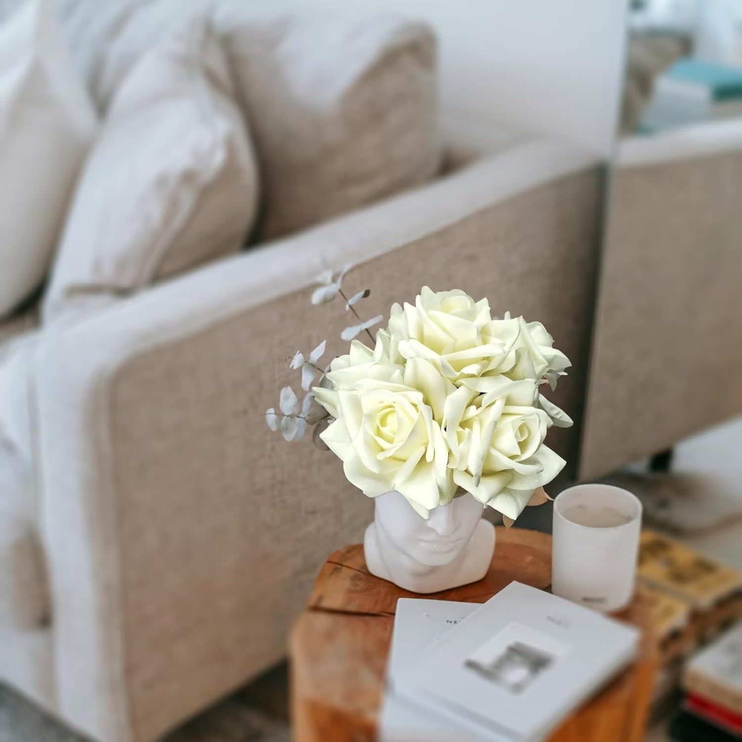 Artificial Roses Real Touch Fake Flowers with Stems - Realistic Look & Feel for Gifts, Home Decor, Wedding, Table, Cake, Hotel Decoration (6, White) - Image 4