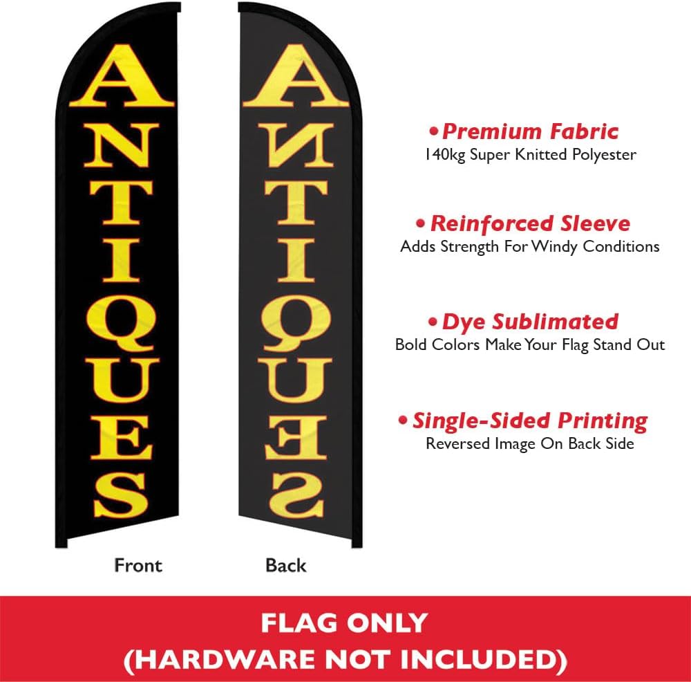 Infinity Republic - Antiques Windless Full Sleeve Banner Swooper Flag - Perfect for Antique Shops, Thrift Stores, Yard Sales, Stores, etc!