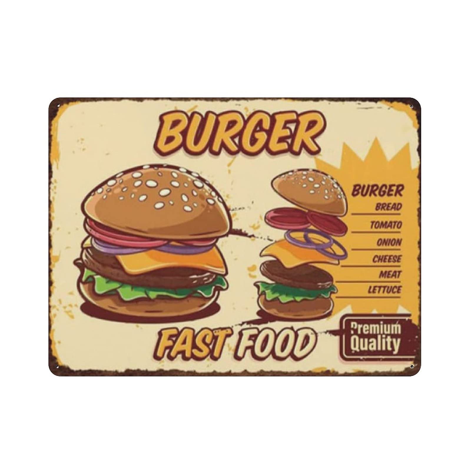 Metal Tin Sign Fast Food Burger Vintage Tin Poster Metal Sign Wall Decoration Country Kitchen Home Garage Decor 12"x16"
