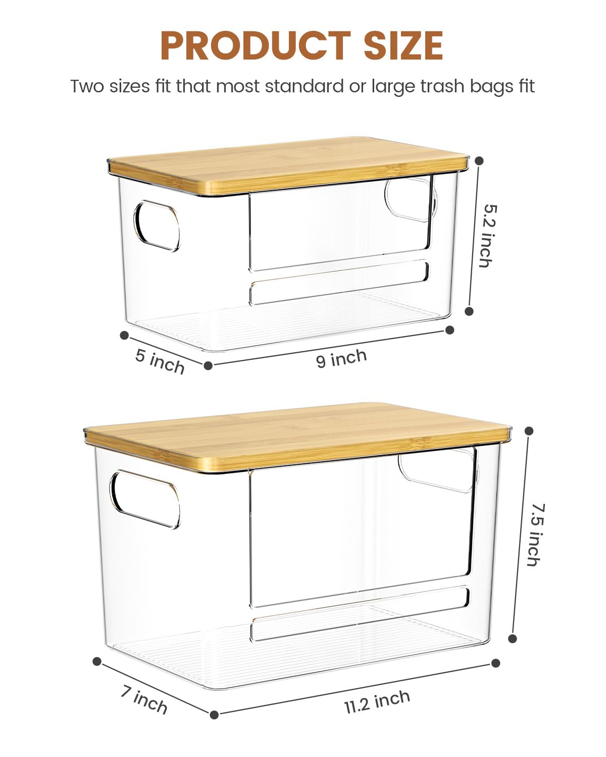 Dispensador de bolsas de basura (XL+S), dispensador de bolsas de basura acrílicas con parte superior de bambú, soporte para bolsas de basura debajo del fregadero para despensa, cocina, lavandería