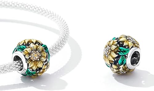 Miniatura 6 de Abalorio de girasol de plata de ley 925 para pulsera Pandora, Zirconia cúbica, Circonita Cúbica Sintética