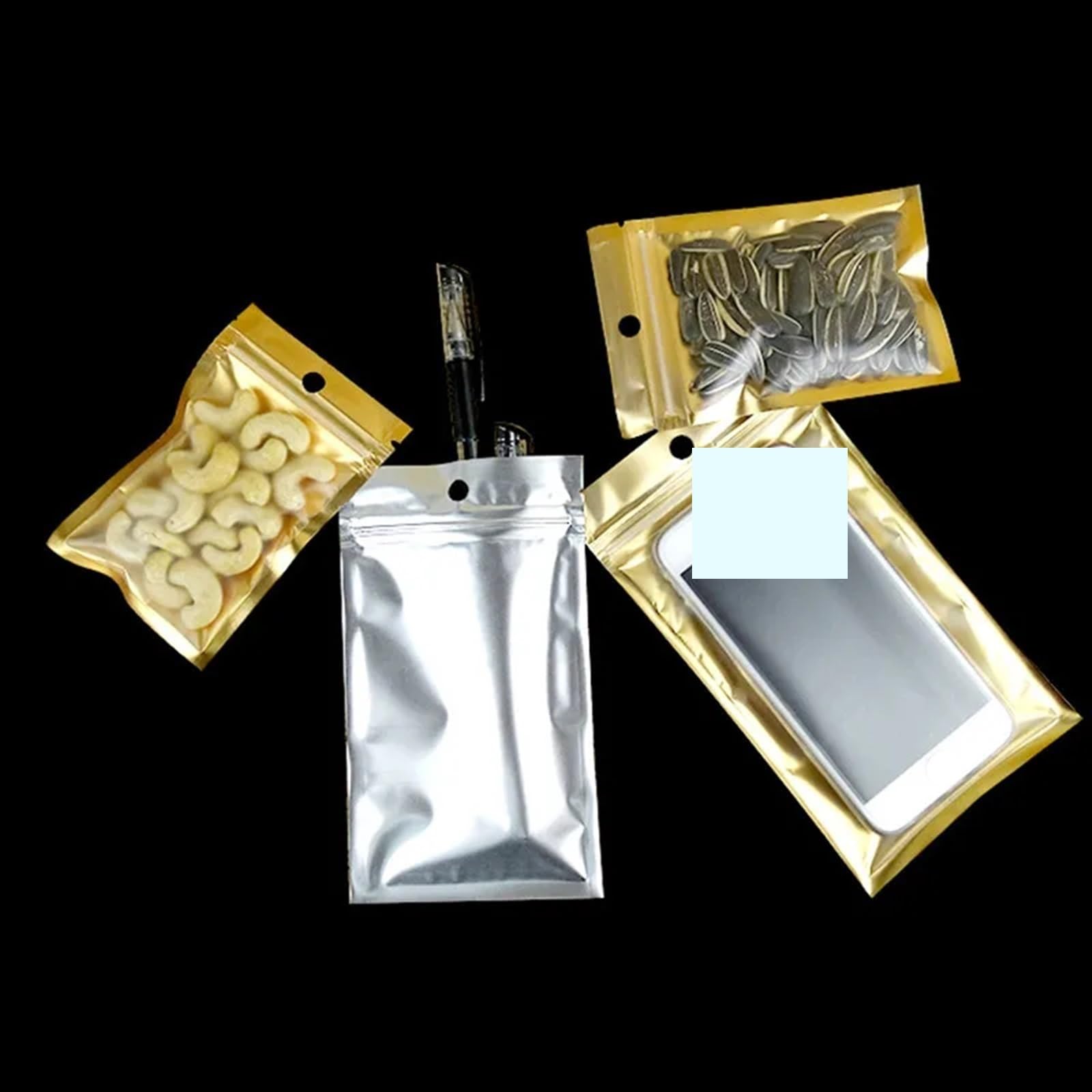 Sacs à Fond Plat refermables, Sachets à Fermeture éclair en Aluminium Fond Plat for Bijoux, Lot de 100, Couleur Or, Plusieurs Tailles(12x20cm)