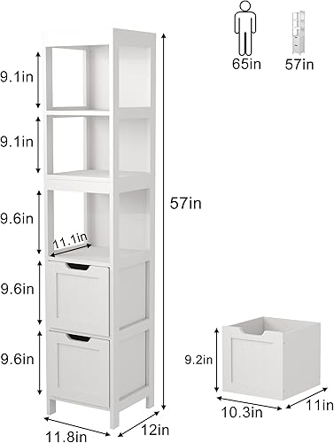 Miniatura 3 de HOMEFORT Armario de almacenamiento para baño, gabinete alto delgado, organizador de gabinete de piso estrecho, torre de lino de madera con 2 cajones