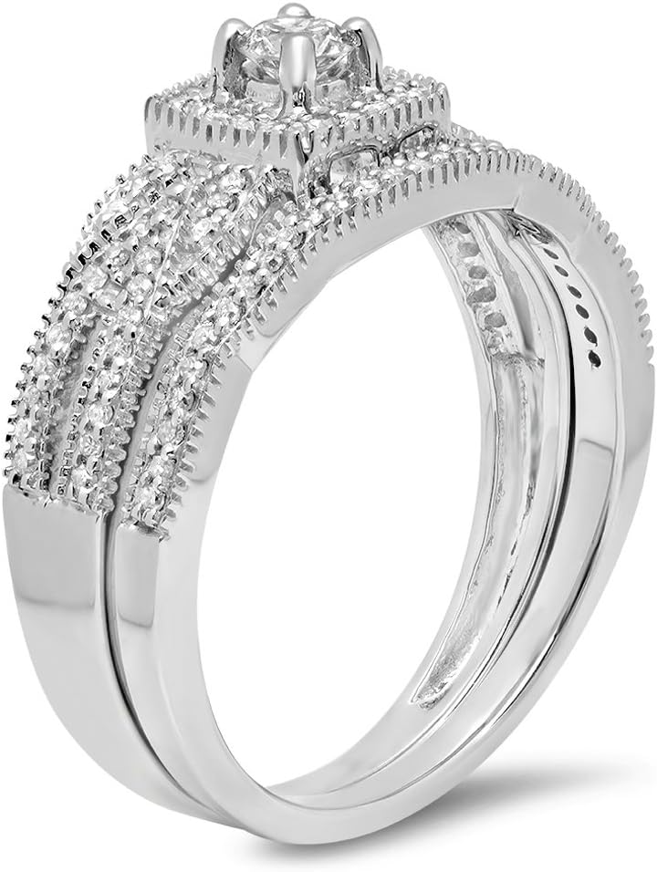 Dazzlingrock Collection 0.45 Ctw 10K Real Solid Gold Round Cut Natural Diamond Women Bridal Halo Engagement Ring Matching Band Set