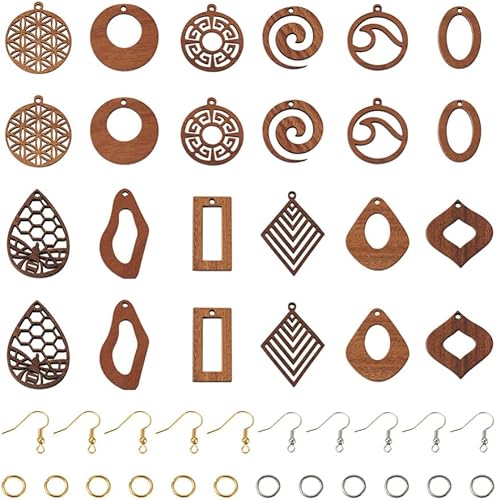 Mega Pet Kit de fabricación de aretes de madera, 24 dijes de madera de nogal surtidos con 60 ganchos para aretes de latón, 60 anillos de latón para
