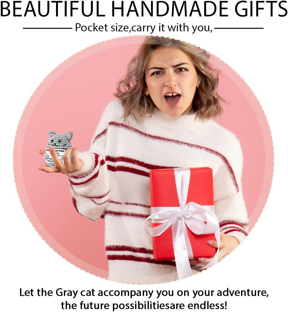 Inspirational Crochet Positive Cat Graduation Christmas Birthday Gift for Cat Lover Women Friend Sister Coworker with Positive Card Funny Cat Themed Home Office Desk Decor - Image 4