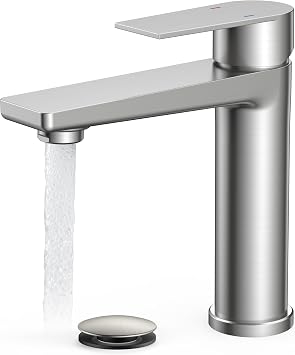 FORIOUS Brushed Nickel Bathroom Faucet 1 Hole, Single Handle Single Hole Bathroom Faucet Brushed Nickel with Deck Plate and Pop Up Drain, CUPC Hoses for One Handle Vanity Sink, Rv, Camper, Farmhouse