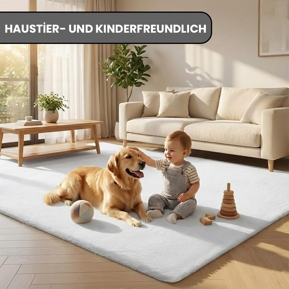 VIMODA Fellteppich Deluxe waschbar, sanfter Hochflor-Teppich einfarbig, kuschelig für Ihr Wohnzimmer oder Schlafzimmer,Farbe:Weiß;Maße:120x160 cm