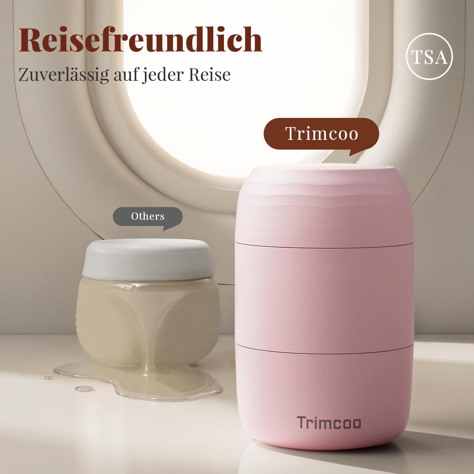 Reise-Toilettenbehälter auslaufsicher, TSA-zugelassene Reisebehälter aus PLA mit 5 magnetischen Etiketten, Weithals-Design, Rosa, 3er Set, 60 ml