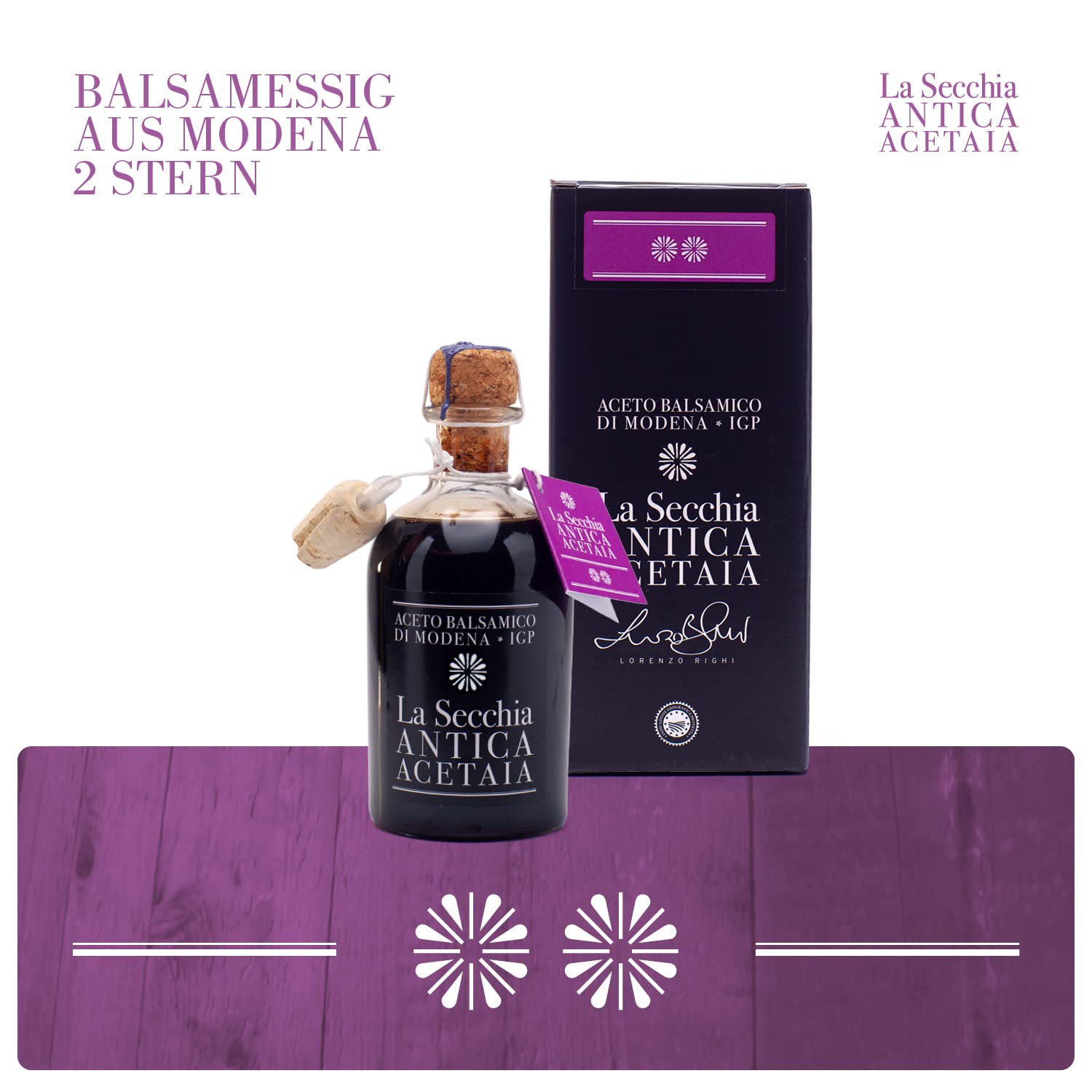 La Secchia Balsamico Essig aus Modena IGP "Zwei Sterne", Gereift in 8 Eichenfässern, Mittlere bis Niedrige Dichte, 250 ml Flasche mit Kork-Dosierverschluss, Balsamic Vinegar g.g.A.