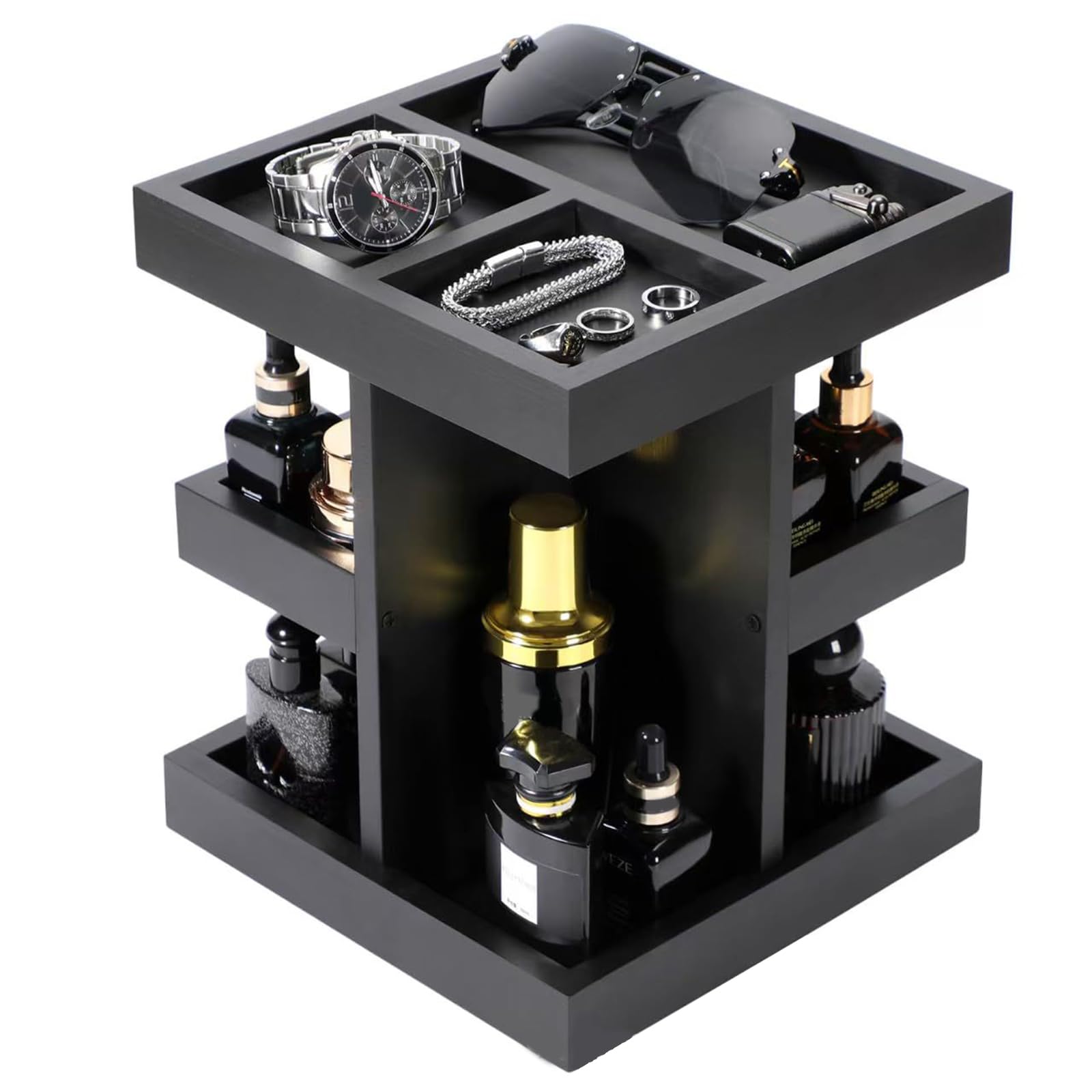 Msioytog Turning Wood Holder with 3 Layers Stores Cosmetics Jewelry Neatly on Countertop Rotating Cosmetic Planner