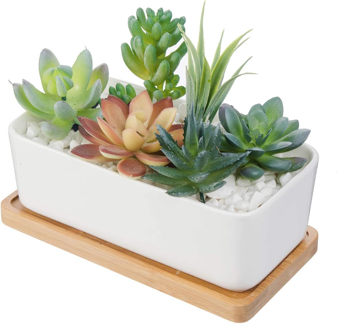 senyu 6.5 Inch Rectangle White Ceramic Succulent Planter Pot Cactus Herb Flower Container Window Box Decorative Cactus Plant Pot Flower Container with Bamboo Tray