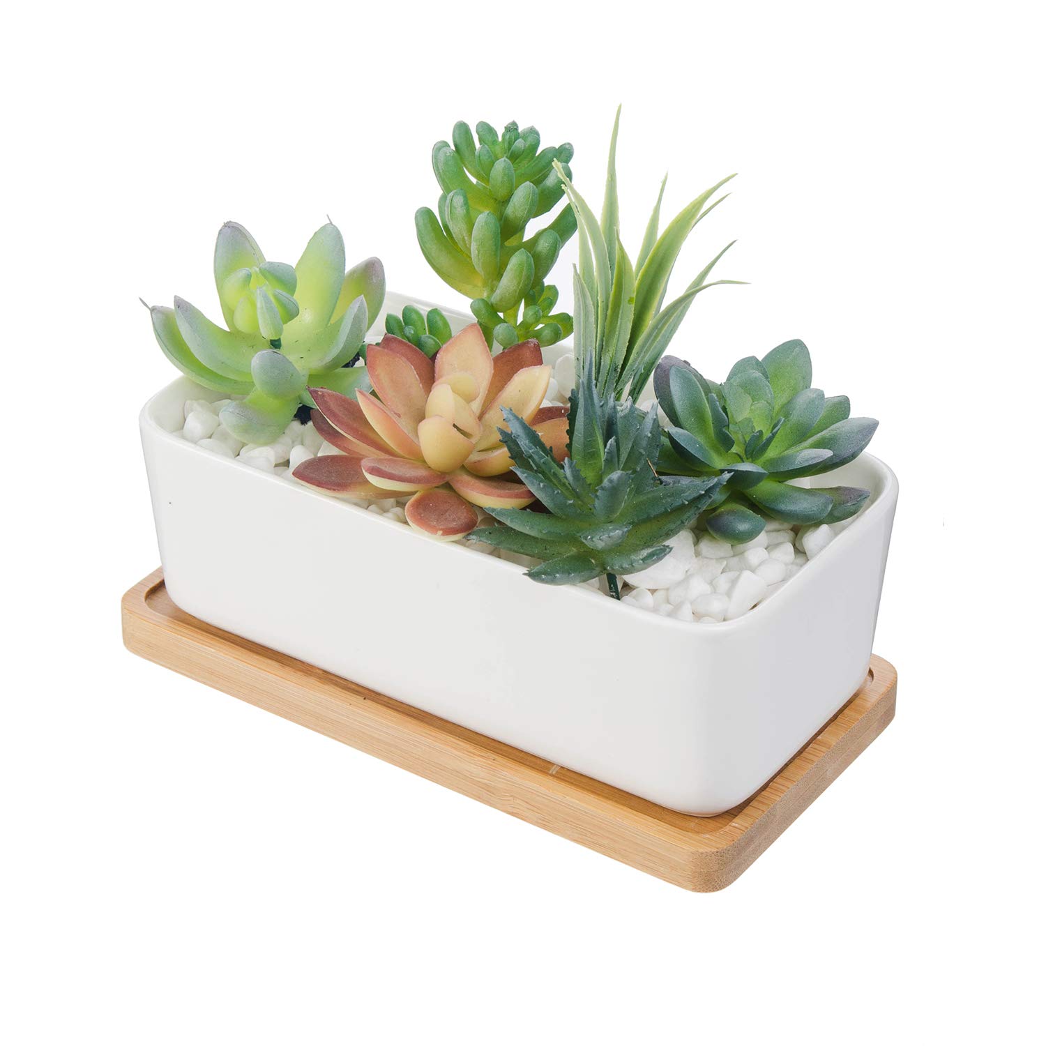 senyu 6.5 Inch Rectangle White Ceramic Succulent Planter Pot Cactus Herb Flower Container Window Box Decorative Cactus Plant Pot Flower Container with Bamboo Tray