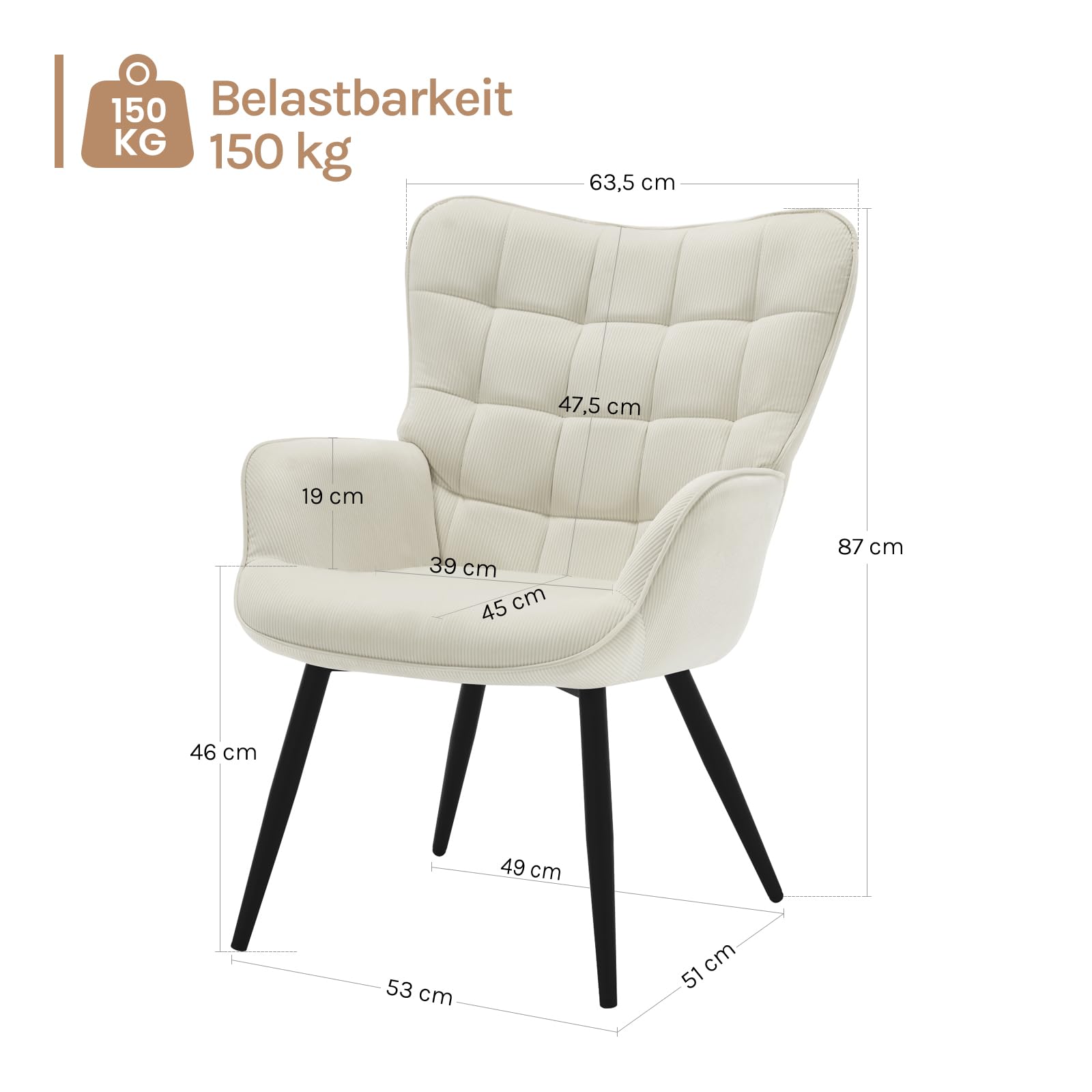 WOLTU Ohrensessel modern, Sessel Wohnzimmer, Schlafzimmer, Balkon, Relaxsessel bequem, mit Metallbeinen, Cordbezug, 63,5 x 51 x 87 cm, Cremeweiß