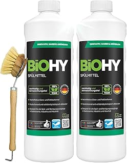 BiOHY Diskmedel (2 x 1l flaska) + pumpdispenser | Fri från skadliga kemikalier och biologiskt nedbrytbara | Formel för glans och avfettning Lämplig för gastronomi, industri och hushåll (Spülmittel)