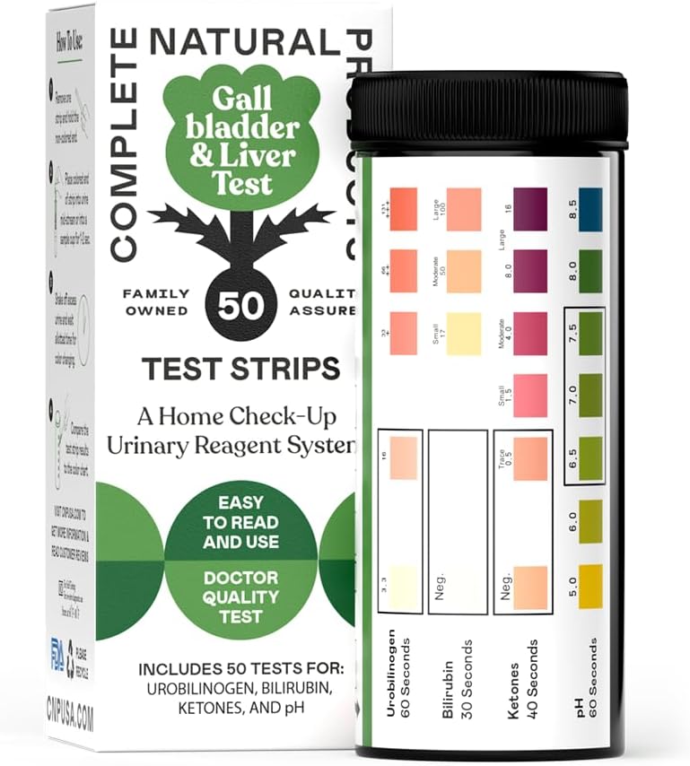 Complete Natural Products Gallbladder & Liver Urinalysis Kit, 50 Count Strips, Urobilinogen, Bilirubin, Ketones, pH