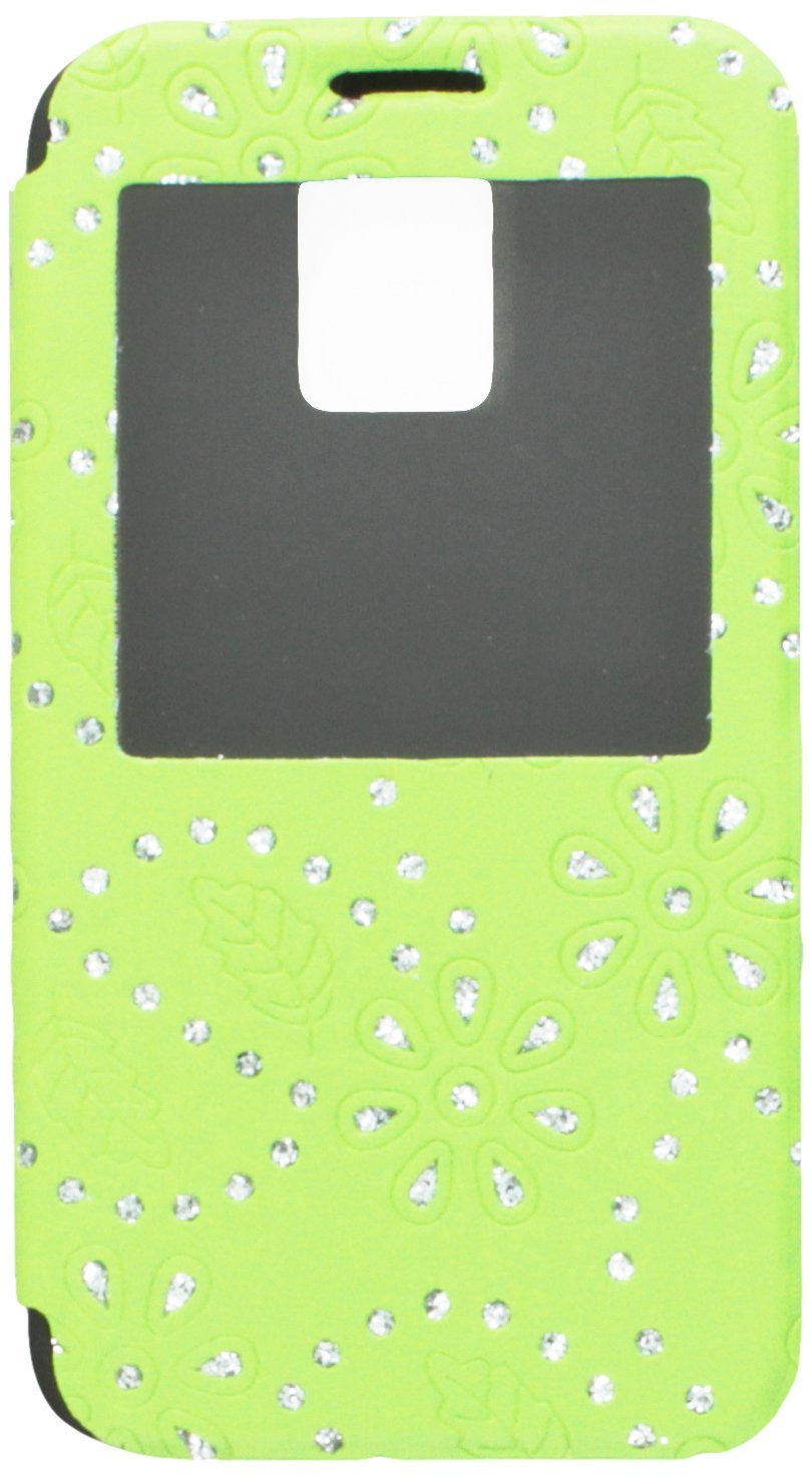 JUJEOGlittery Powder Floral Window View Leather Flip Case with Stand for Samsung Galaxy S5 - Non-Retail Packaging - Green