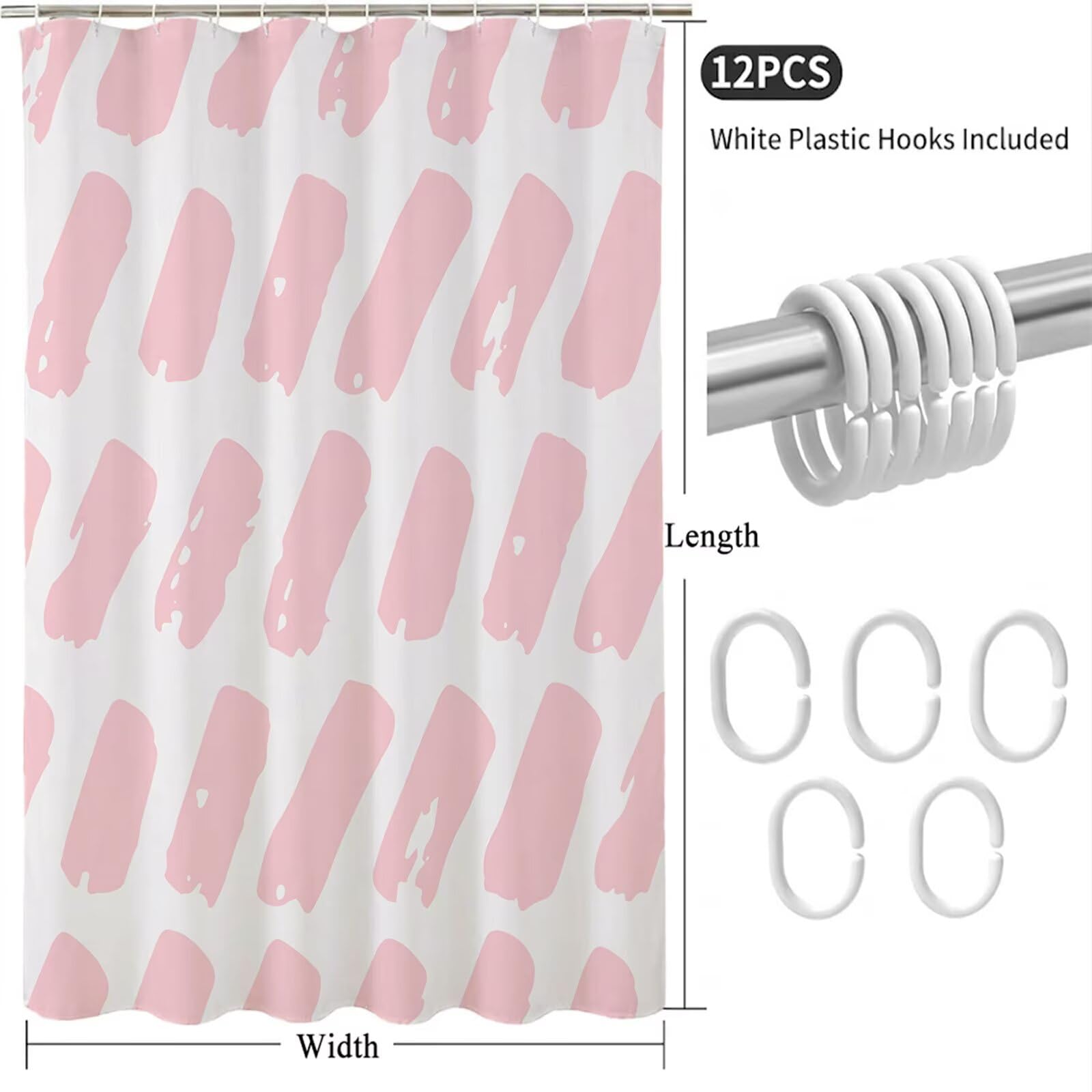 Rideau de Douche 180x240 cm - Tissu Polyester Imperméable Anti-Moisissure - 12 Anneaux Inclus - Ourlet Lesté pour Stabilité - Lavable en Machine - Idéal de Baignoire et Douche - Rose & Blanc Y1#535